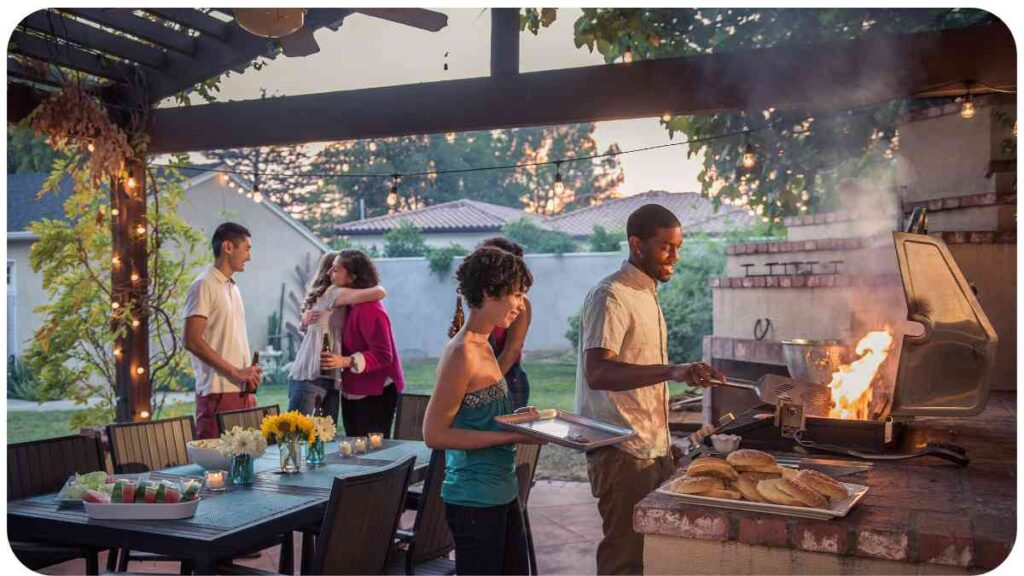 a group of people enjoying an outdoor bbq