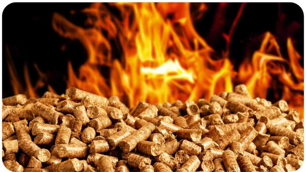 a pile of wood pellets in front of a fire