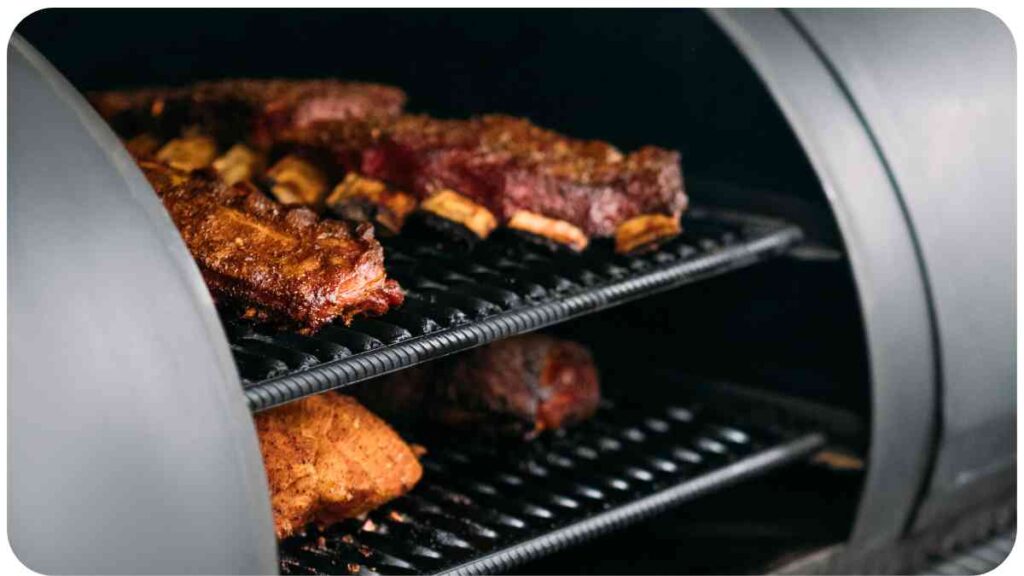 a grill with ribs and meat on it