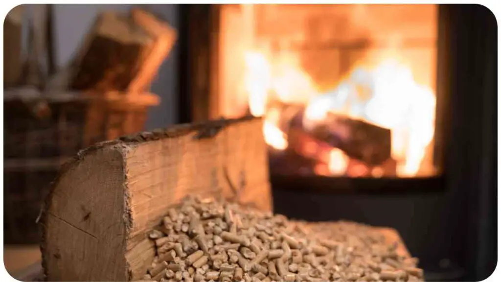 a pile of wood pellets in front of a fireplace
