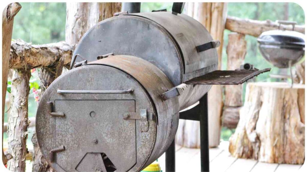 a grill on a wooden deck next to a tree